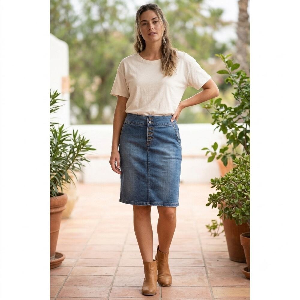 prAna Aubrey Denim Skirt Button Front Stretch Organic Cotton Blue Mid Rise 2